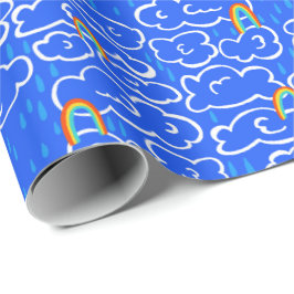 Papel De Presente Nuvens coloridas chovem Rainbow Blue Patterno