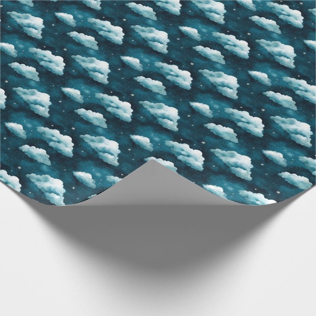 Papel De Presente Nuvens e estrelas azuis em azul escuro (Ponta)