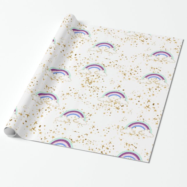 Papel De Presente Nuvens E Estrelas De Arco-Íris (Desenrolado)
