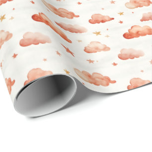 Papel De Presente Nuvens e Estrelas de Ombre Laranja