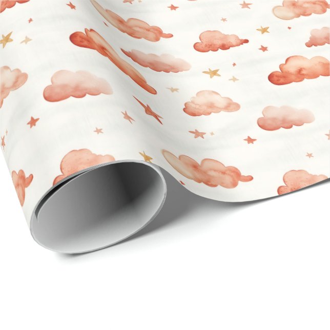 Papel De Presente Nuvens e Estrelas de Ombre Laranja (Ponta do rolo)