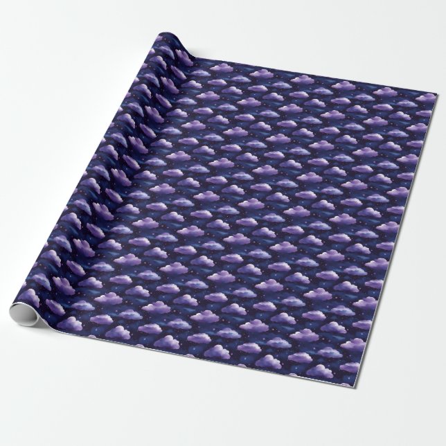 Papel De Presente Nuvens e estrelas roxas em preto (Desenrolado)
