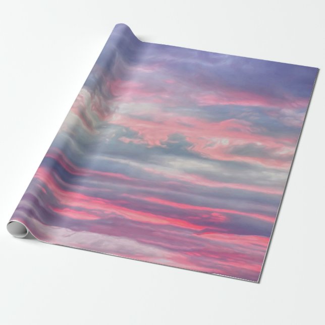 Papel De Presente Nuvens Lindos Céu Azul Cor-de-Rosa Pintado (Desenrolado)