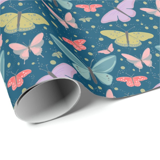 Papel De Presente Nuvens Pintadas de Borboletas Azul Escuro (Ponta do rolo)