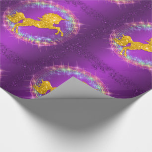 Papel De Presente O arco-íris dourado do unicórnio Sparkles roxo