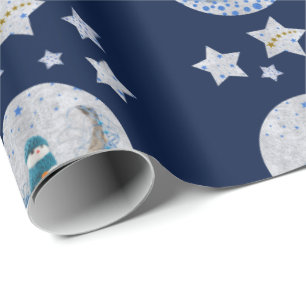 Papel De Presente O boneco de neve, estrelas azuis sparkly, ouro