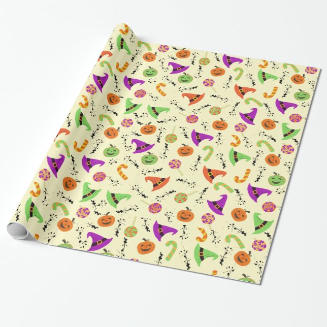 Papel De Presente O Chapéu das Bruxas do Halloween, doces e abóboras (Desenrolado)