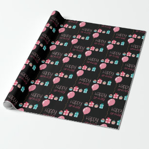 Papel De Presente O feliz aniversario bonito Balloons o preto e o