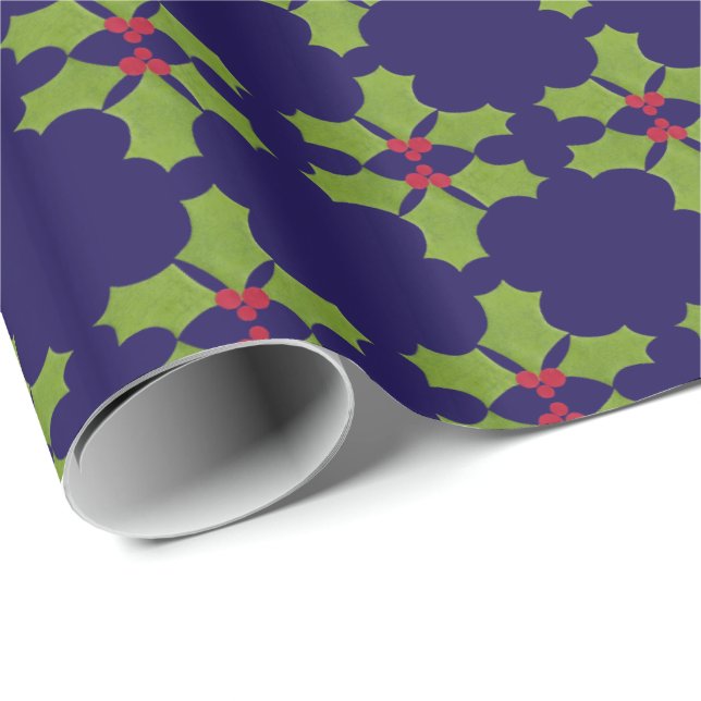 Papel De Presente O galho de Natal Holly é azul escuro (Ponta do rolo)