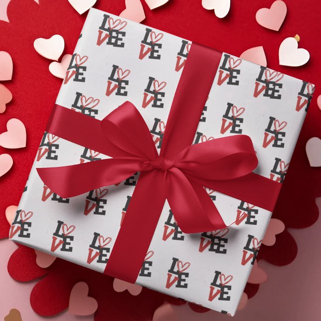 Papel De Presente O namorados Vermelho e Negro com coração (Valentine’s Red & Black LOVE with heart Wrapping Paper)
