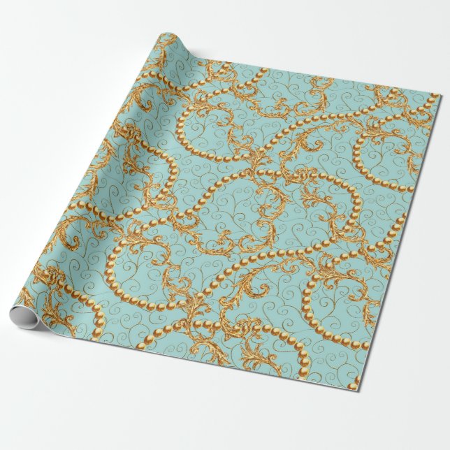 Papel De Presente O ouro Rococo apresenta um padrão perfeito. texto  (Desenrolado)
