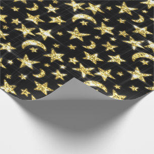 Papel De Presente O ouro Sparkly Stars o preto preto do céu da lua