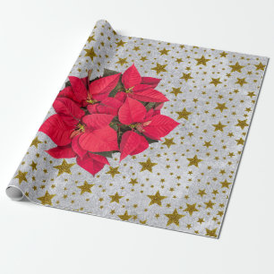 Papel De Presente O ouro vermelho da flor do Natal stars na prata