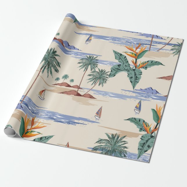 Papel De Presente O padrão de ilha tropical retrô sem costura à luz  (Desenrolado)