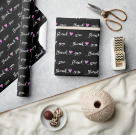 Papel De Presente Obrigado Corações Rosa Em Preto