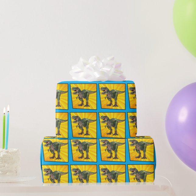 Papel De Presente Obrigado Dino T-Rex Dinossaur Birthday Boy Yellow (Presentes para festas)
