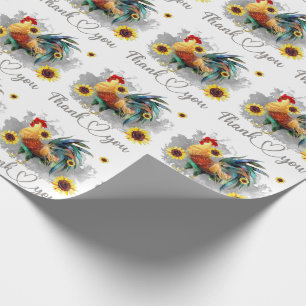 Papel De Presente Obrigado Watercolor Rooster com Girassóis