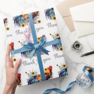 Papel De Presente Obrigado Watercolor Rooster com Girassóis