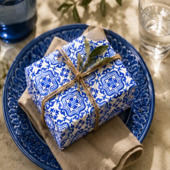Papel De Presente Ocean Breeze Ceramic Watercolor Blue Mosaic  (Criador carregado)