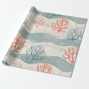 Papel De Presente Oceano de Verão Coral Laranja Azul Praia
