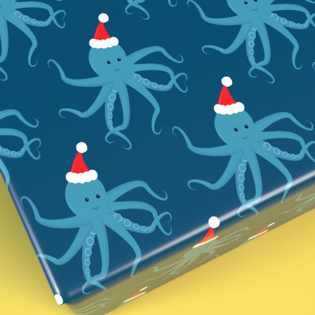 Papel De Presente Octopus Azul no Natal de Santa Hat (Add fun octopus wrapping paper to your Christmas celebration.)