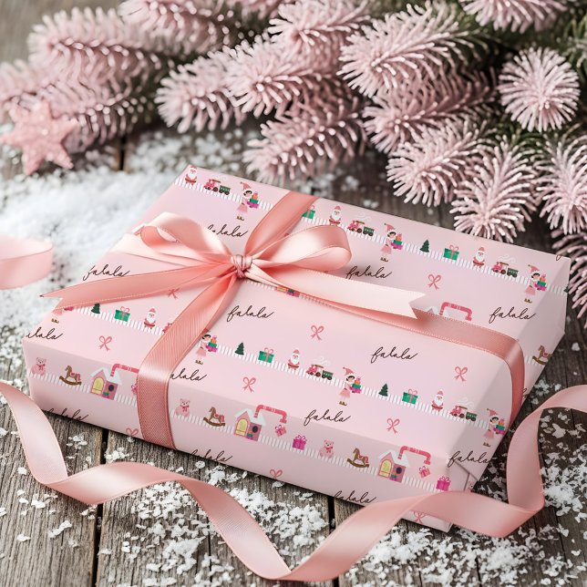 Papel De Presente Oficina de Brinquedos do Elfo de Natal Rosa Divert (Fun Pink Chrismtas Elf Workshop Toy Factory Wrapping Paper)