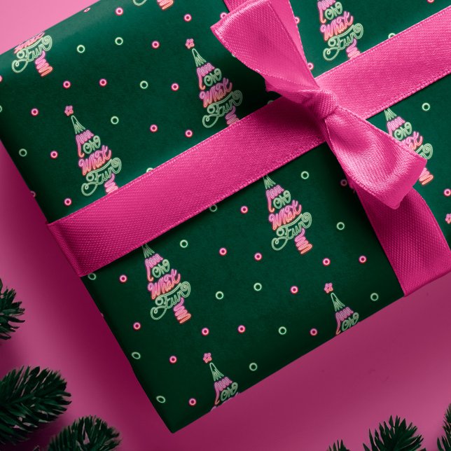 Papel De Presente Oh, Que Rosa Rosa Verde Rosa Rosa Rosa Luz A Árvor (Oh What Fun Pink Green Neon Lights Christmas Tree Wrapping Paper)