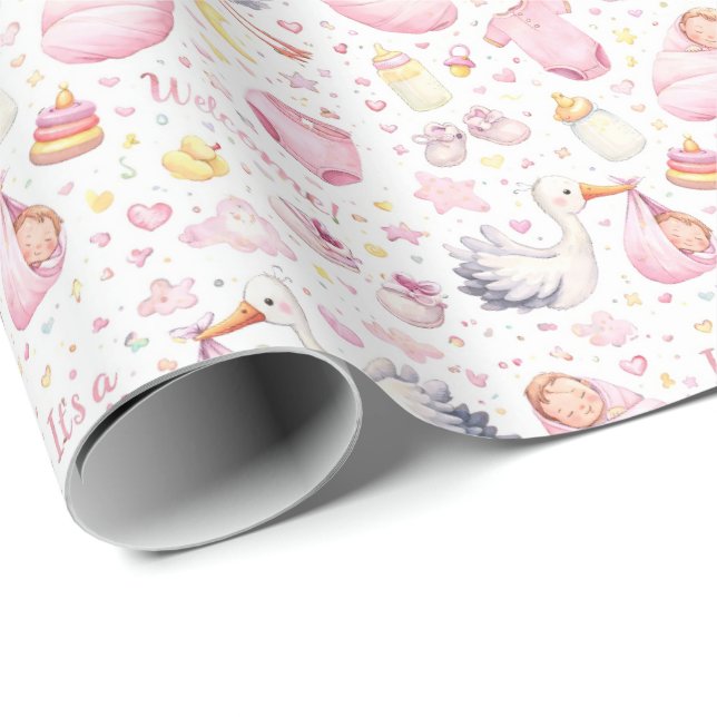 Papel De Presente Olá Bebê Menina – Design de Padrão Aquarela (Ponta do rolo)