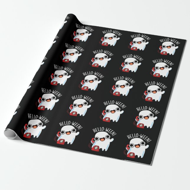 Papel De Presente Olá-ween Fantasma Engraçado Trocadilho Fundo Escur (Desenrolado)