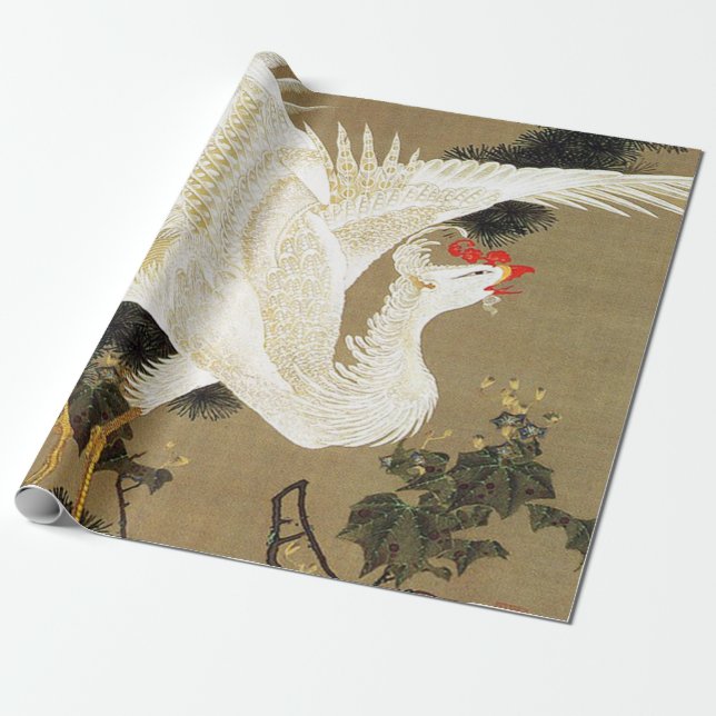 Papel De Presente Old Pine Tree e White Phoenix por Ito Jakuchu (Desenrolado)