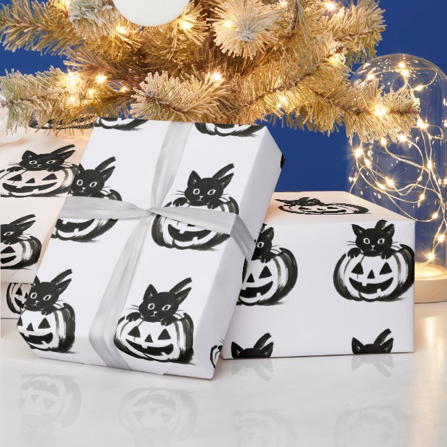 Papel De Presente Olhar da Abóbora – Desenho de Halloween de Gato Pr (Feriados)
