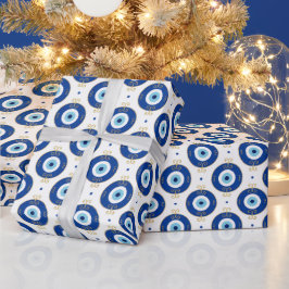 Papel De Presente Olho Grego Moderno Padrão Azul e Dourado Proteção
