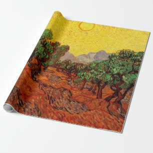 Papel De Presente Oliveiras com céu amarelo e sol de Van Gogh