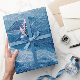 Papel De Presente Onda do Oceano Azul Profundo Névoa Branca Padrão A