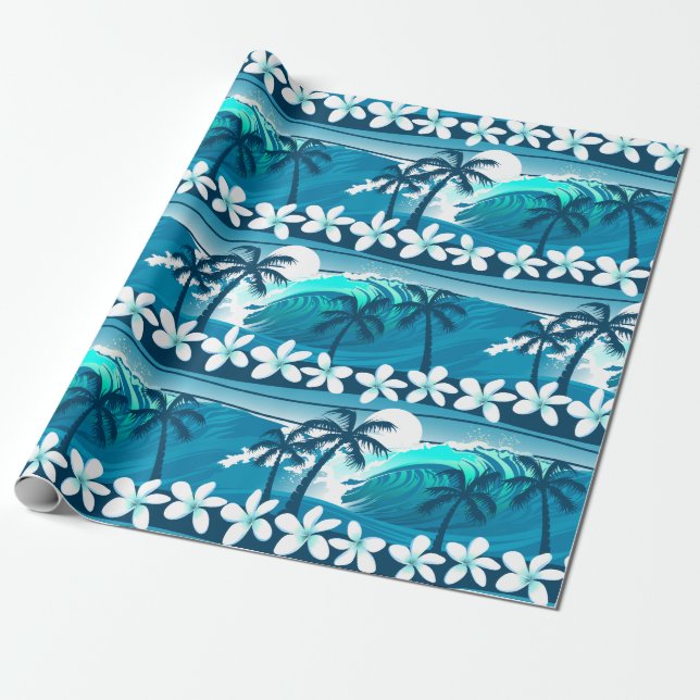 Papel De Presente Onda tropical de surf com palmeiras (Desenrolado)