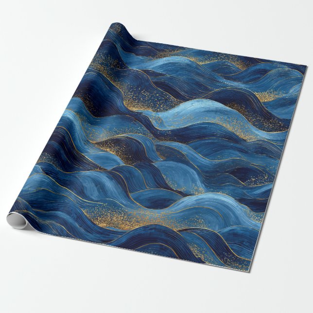 Papel De Presente Ondas Abstratas Azuis do Oceano – Design Costeiro  (Desenrolado)
