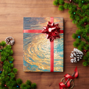 Papel De Presente Ondas Abstratas de Água com Luz Solar Dourada
