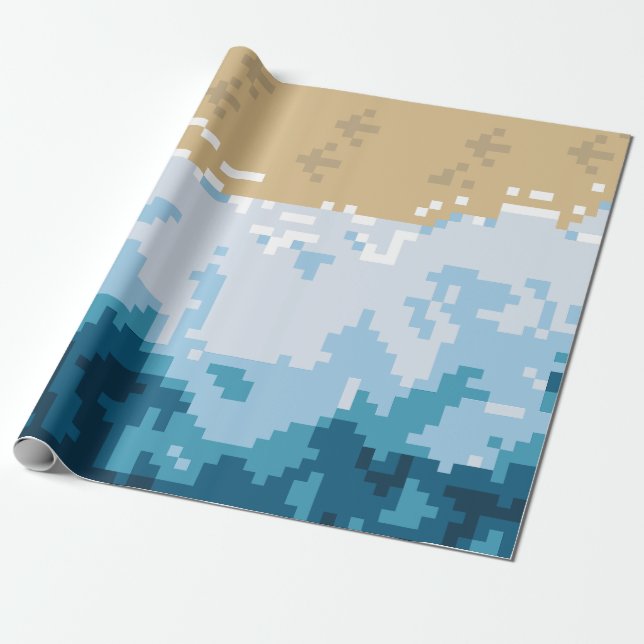 Papel De Presente Ondas do Oceano Pixeladas e Padrão da Costa (Desenrolado)