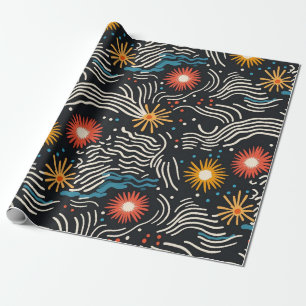 Papel De Presente Ondas Florais de Abstrato vibrantes em preto