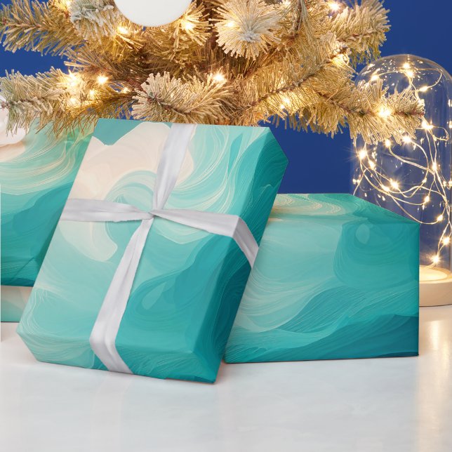 Papel De Presente Ondas Fluídas Abstratas em Azul e Branco (Feriados)