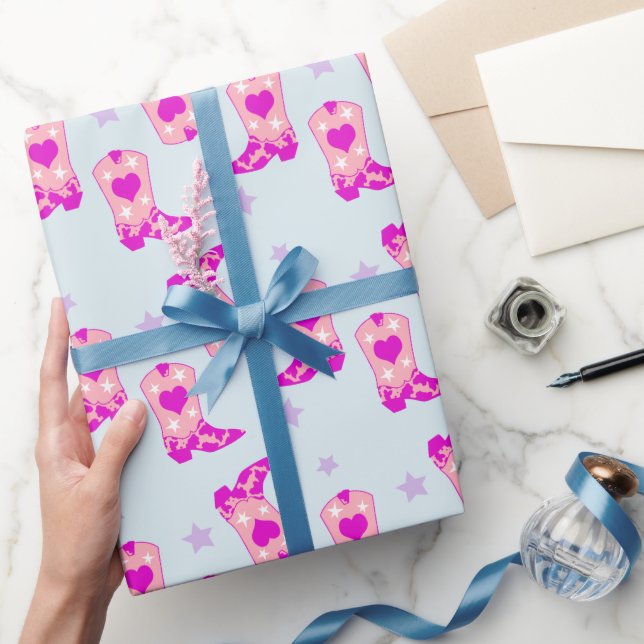 Papel De Presente Ondas Ocidentais de Garota Rosa Azul Moderna Boots (Presentear)