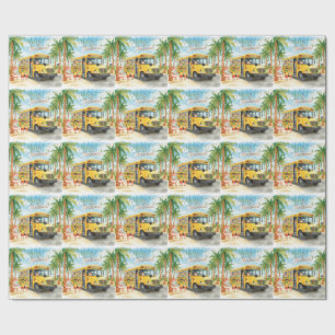 Papel De Presente Ônibus Escolar Tropical de Natal com Papai Noel 