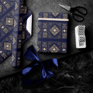 Papel De Presente Opulência Azul e Dourada Emblema de Ornamentado