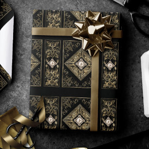 Papel De Presente Opulsão do ornamentado Flourado negro e Dourado