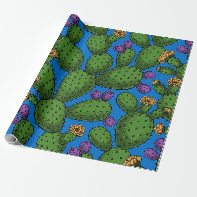 Papel De Presente Opuntia florescente em azul (Desenrolado)