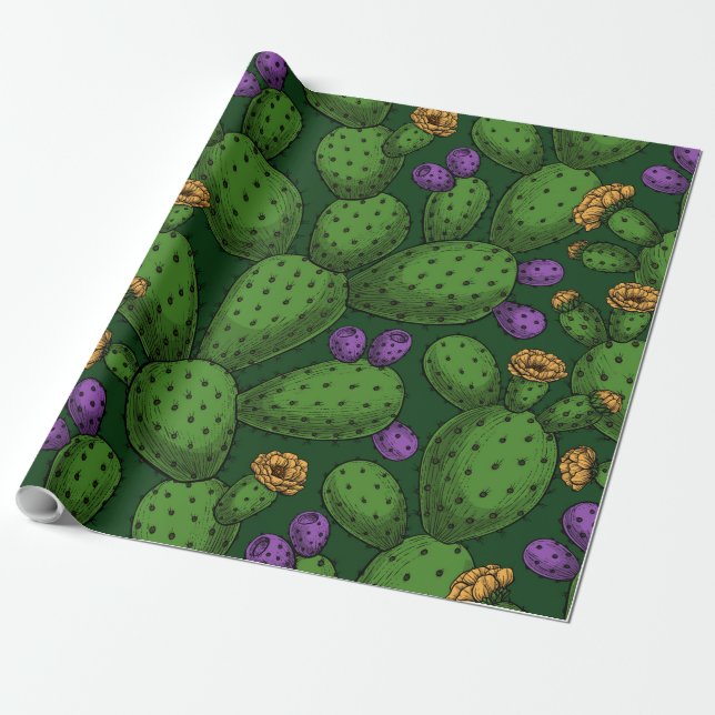 Papel De Presente Opuntia florescente em verde escuro (Desenrolado)