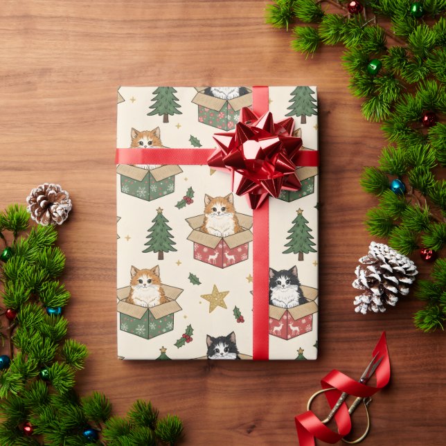 Papel De Presente Orange and Black & White Kittens Christmas Pattern (Presente de Natal)