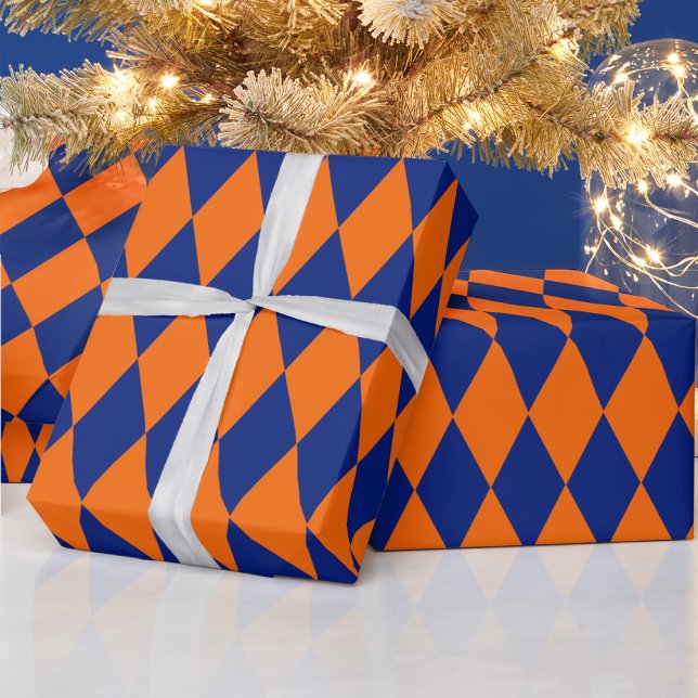 Papel De Presente Orange and Blue Harlequin Checkered Design  (Criador carregado)