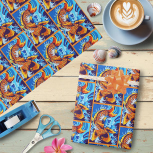 Papel De Presente Orange Koi Fish Blue