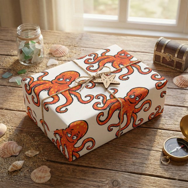 Papel De Presente Orange Octopus Cartoon Ocean Sea Creature (Criador carregado)